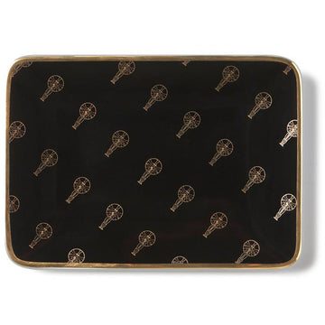 Top view of the black and gold ceramic Oscars logo accessory tray with gold trim edges.
